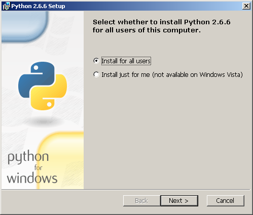 First I downloaded and installed the official Python builds for Windows (2.6.6 precisely):