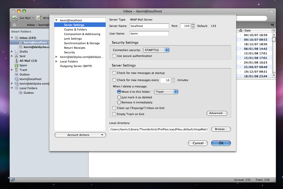 how do i configure server settings in thunderbird mac os